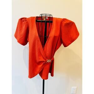 Michael Kors Womens Sm Orange Wrap Blouse Gold Buckle Puff Sleeve Textured Top